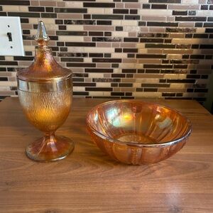 Vintage Marigold Carnival Glass  Candy Dish and Bowl Set